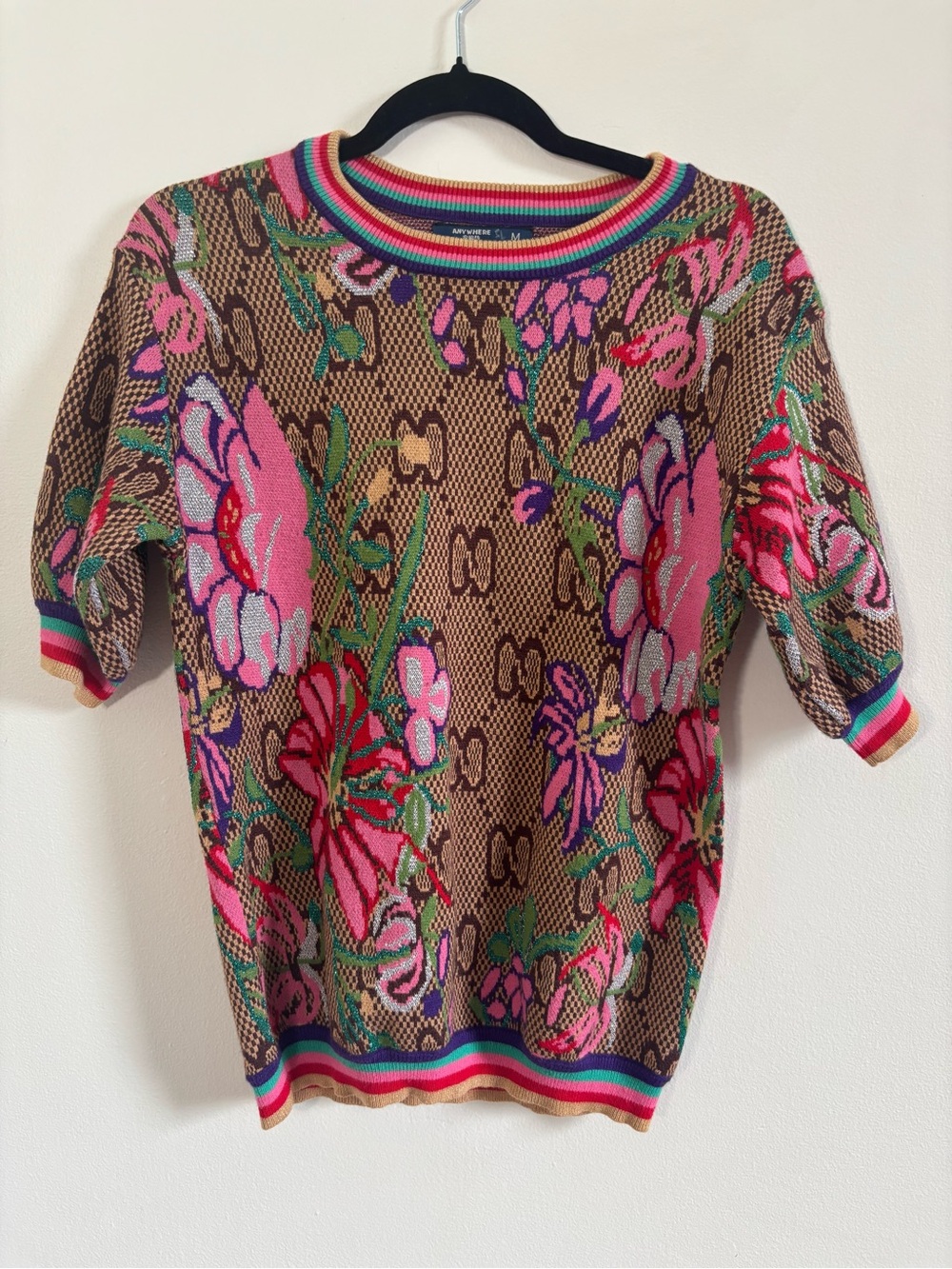 Floral Short-Sleeve Knit Top - Pink & Brown